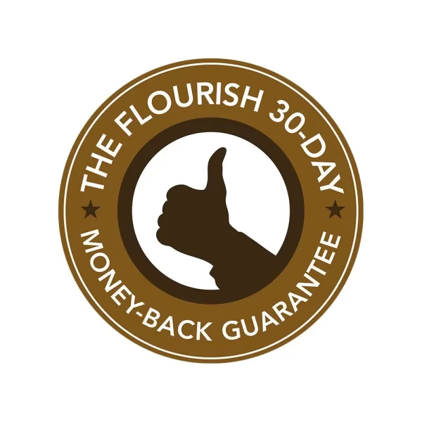 the flourish 30-day money-back guarantee with thumbs up icon